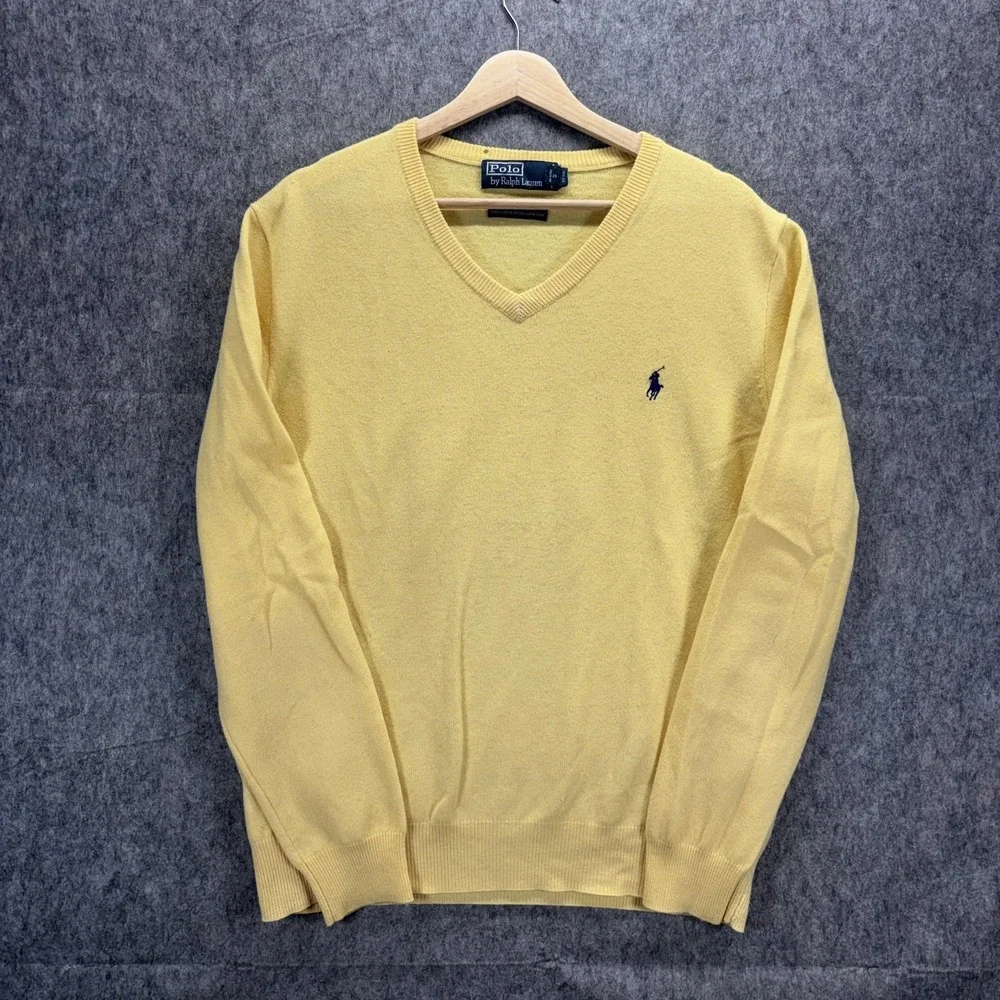 Vintage Polo Ralph Lauren 100% Merino Wool V Neck Sweater Butter Yellow Preppy
